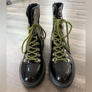Black Patent Leather Combat Boots with Yellow Laces